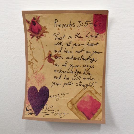 My life verse, decorated by me using old wrapping paper (I recycle!). Was stuck up on my wall at the office - now it's stuck on our wall at home, right next to the front door. Last thing I see when I'm heading out? God's reminder.
