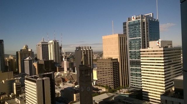 The view from one side of the office at 9am. The other side looks out over the Botanic Gardens. We also get an amazing view of the sunset every day.