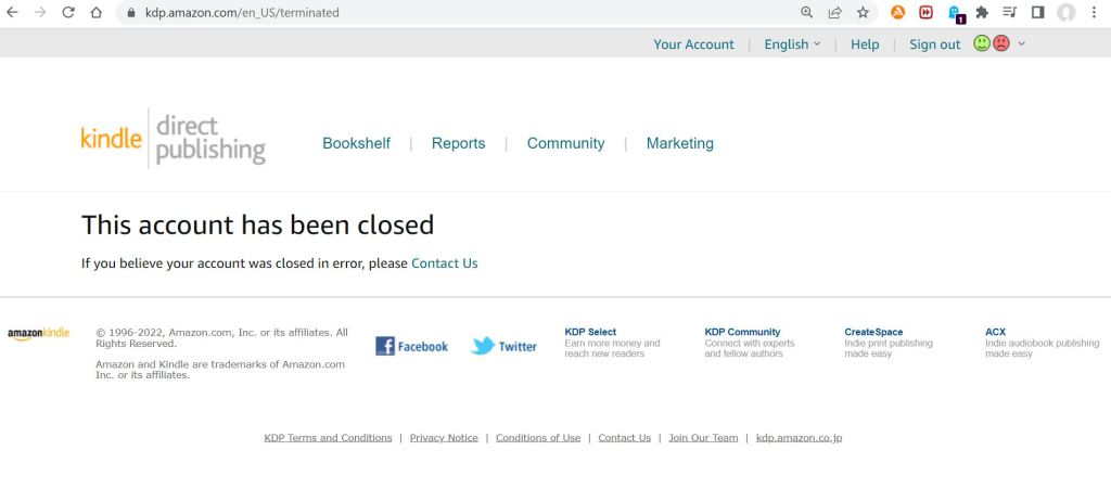 Screenshot shows Kindle direct publishing screen reading "This account has been closed. If you believe your account was closed in error, please Contact us"