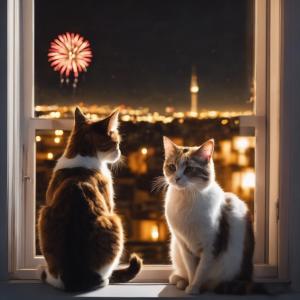 cats sitting next to a window, looking out at fireworks in the night sky, AI image generated by Gencraft.com
