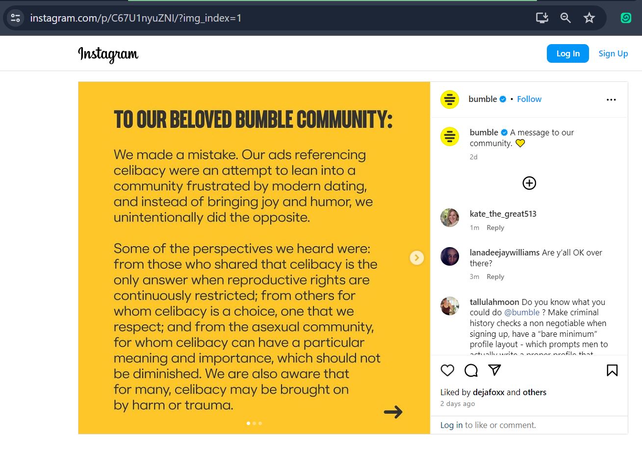 1st slide of Bumble Instagram apology.