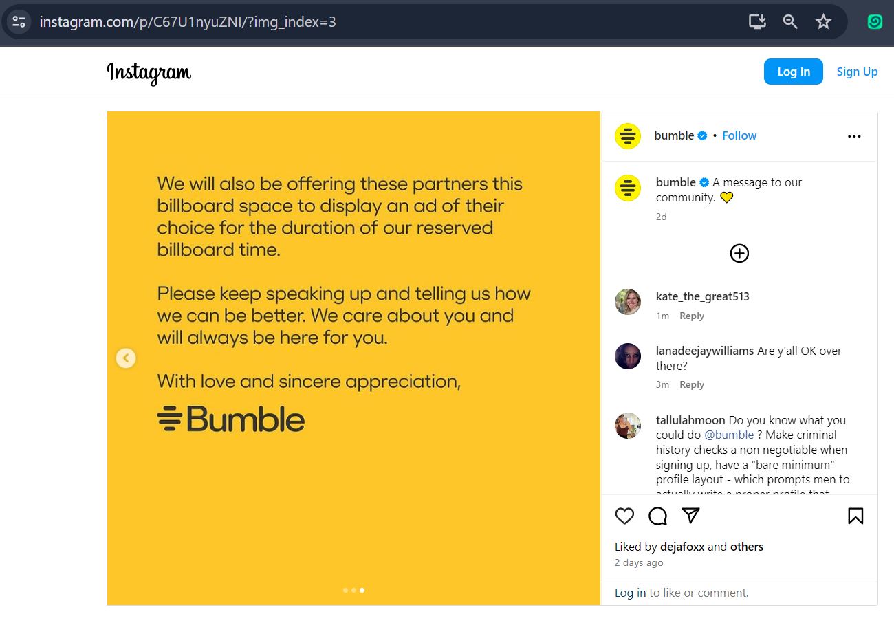 3rd slide of Bumble Instagram apology.